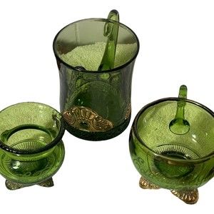 SET OF 3 GLASS SOUVENIR FESTIVAL ETCHED GREEN GLASSES 1850-1914 RANGE